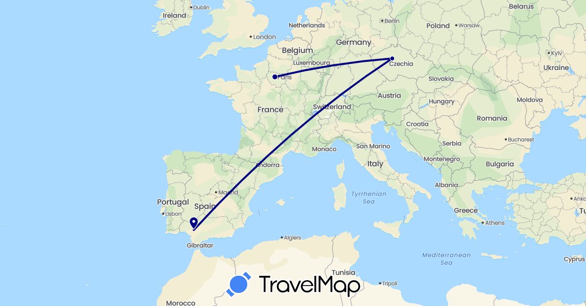 TravelMap itinerary: driving in Czech Republic, Spain, France (Europe)
